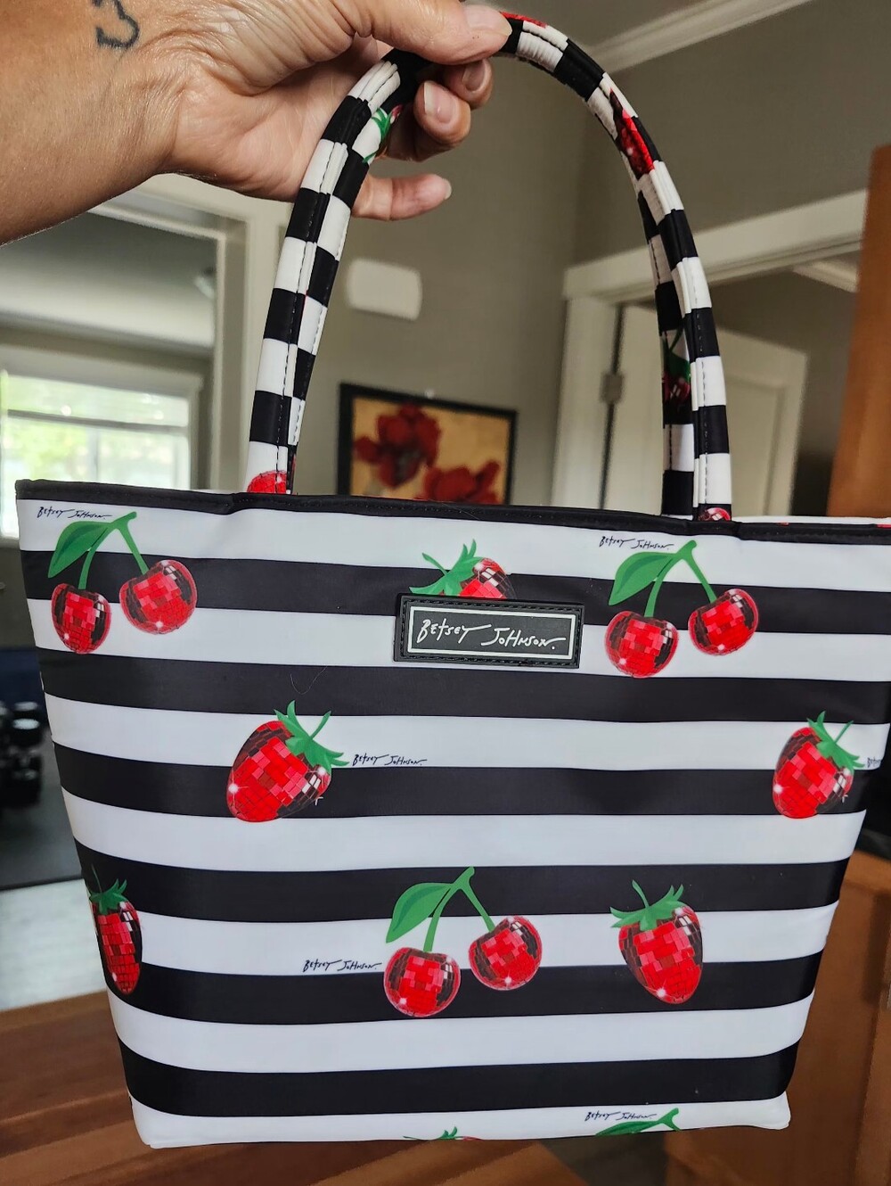 Betsey Johnson Black & White Striped Tote with Red Cherry Print. Price Is Firm